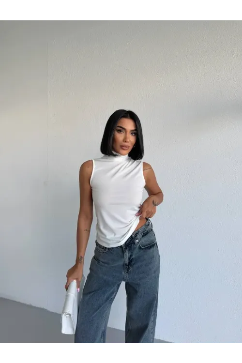 Kadın Beyaz Balıkçı Yaka Sıfır Kol Sandy Crop Bluz HZL26S-FRY123931