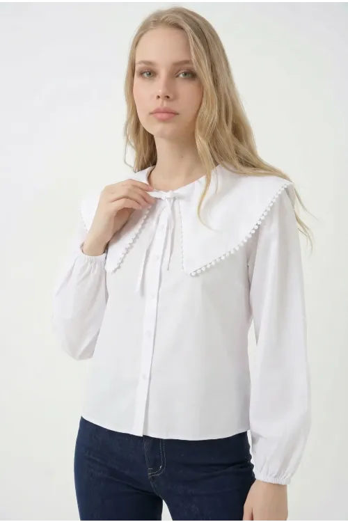 Kadın Beyaz Bebe Yaka Düğmeli Şık Günlük Gömlek HZL26S-BD1203141