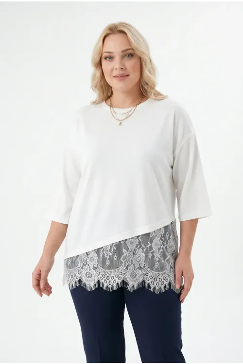 Kadın Beyaz Büyük Beden Bisiklet Yaka Tül Detaylı Yarım Kol T-Shirt HZL26S-ZSS19521