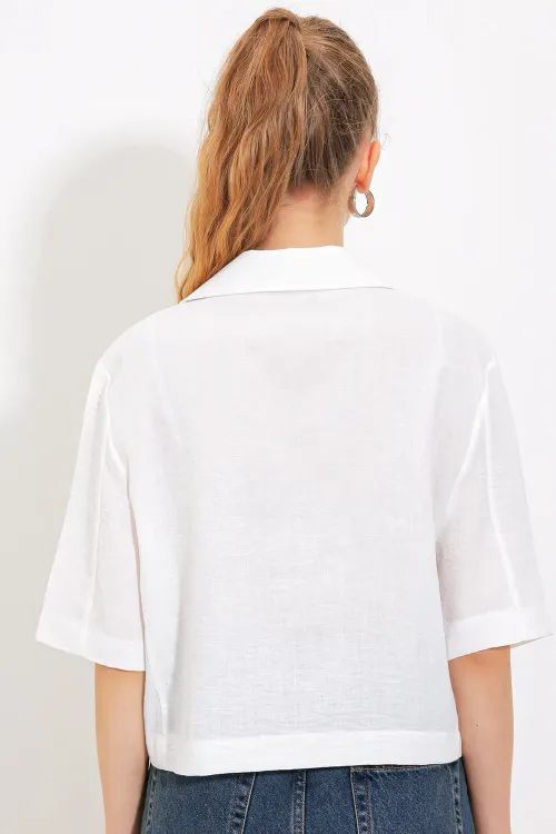 Kadın Beyaz Çift Düğmeli Oversize Crop Keten Ceket 0706