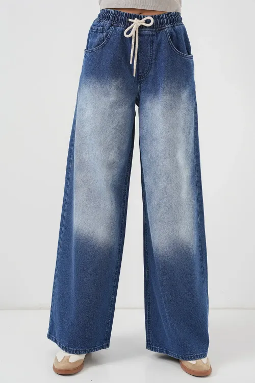 Kadın Bol Paça Kot Pantolon 6705 - Lacivert