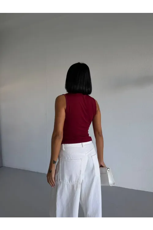 Kadın Bordo Balıkçı Yaka Sıfır Kol Sandy Crop Bluz HZL26S-FRY123931