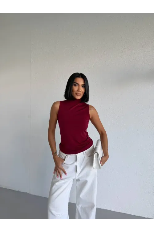 Kadın Bordo Balıkçı Yaka Sıfır Kol Sandy Crop Bluz HZL26S-FRY123931