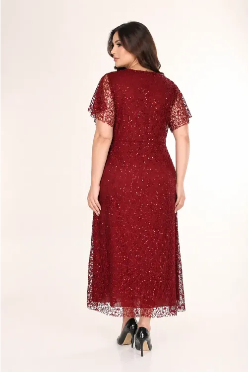 Kadın Bordo Büyük Beden Kruvaze Yaka Payetli Abiye Elbise HZL26S-PR11171