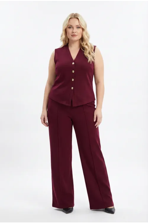 Kadın Bordo Büyük Beden V Yaka Yelek Pantolon İkili Takım HZL26S-PR12131