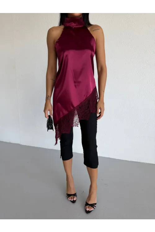 Kadın Bordo Halter Yaka Dantel İşlemeli Asimetrik Saten Bluz HZL26S-FRY123901