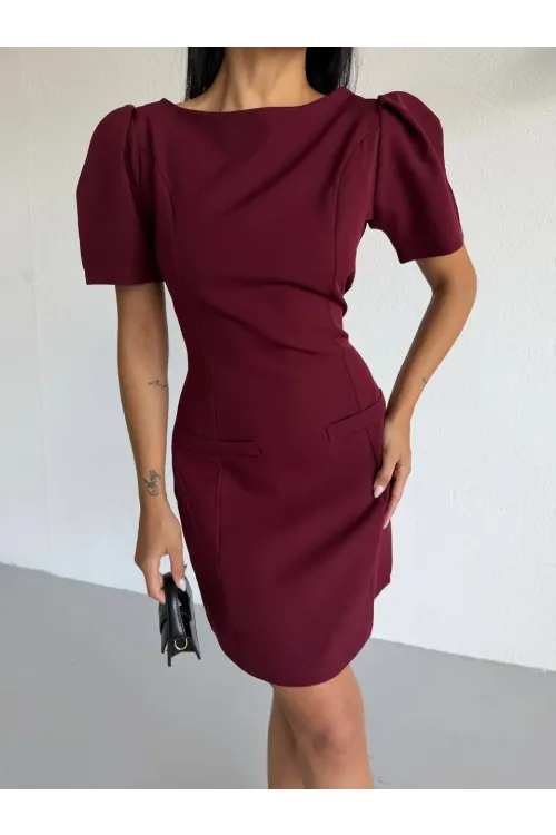 Kadın Bordo Kayık Yaka Fileto Cep Kısa Kollu Mini Elbise HZL26S-FRY123891