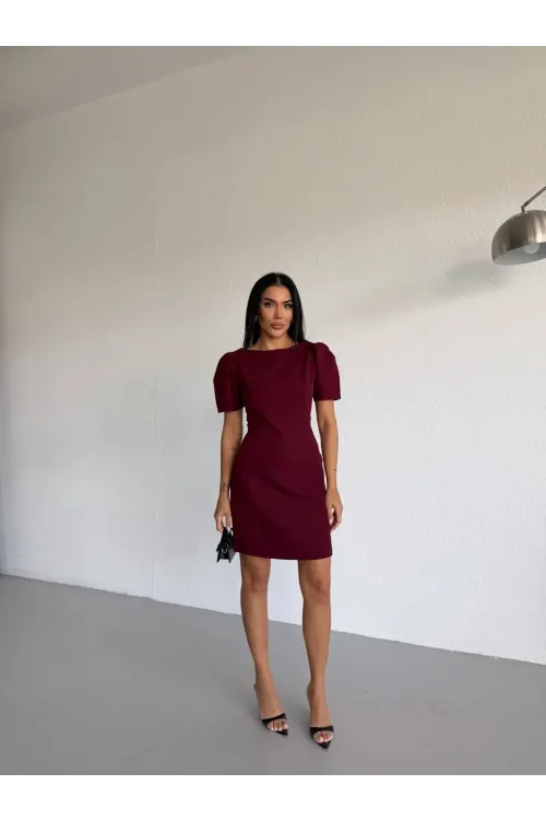 Kadın Bordo Kayık Yaka Fileto Cep Kısa Kollu Mini Elbise HZL26S-FRY123891