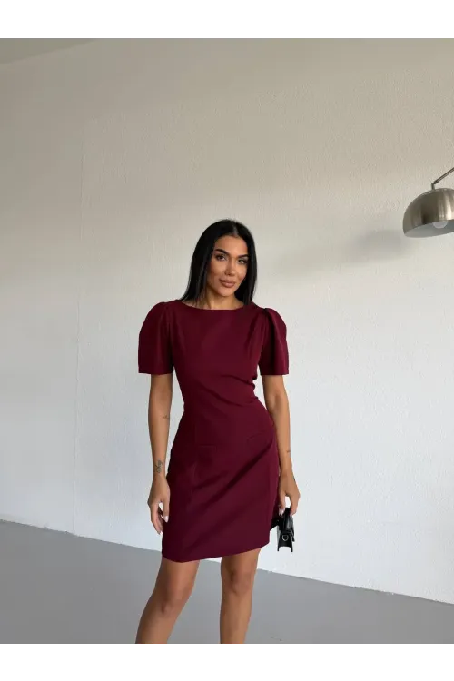 Kadın Bordo Kayık Yaka Fileto Cep Kısa Kollu Mini Elbise HZL26S-FRY123891