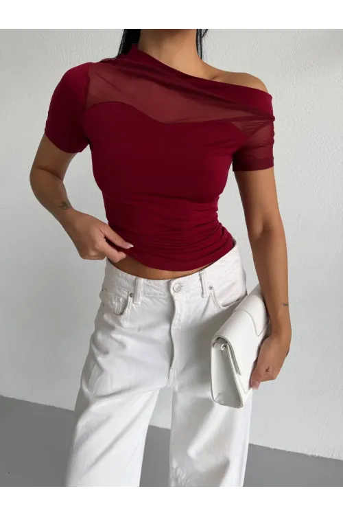 Kadın Bordo Tek Omuz Transparan Tül Detaylı Şık Sandy Bluz HZL26S-FRY123871