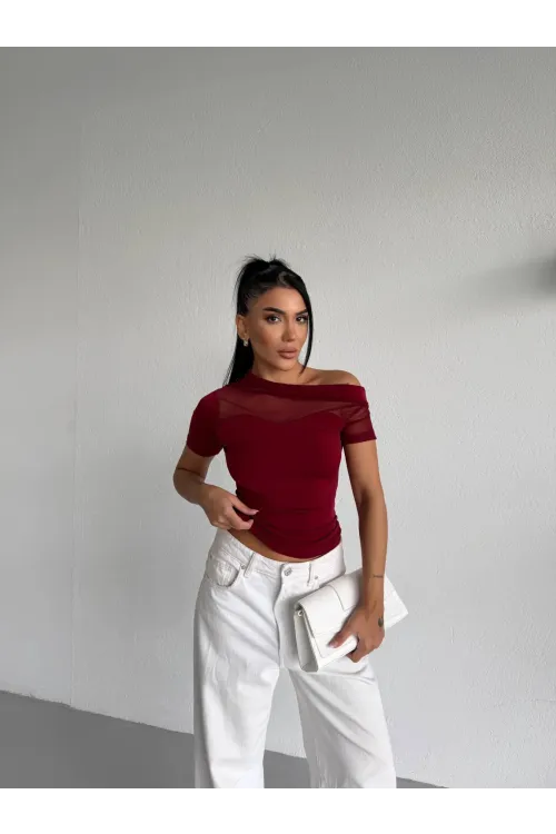 Kadın Bordo Tek Omuz Transparan Tül Detaylı Şık Sandy Bluz HZL26S-FRY123871