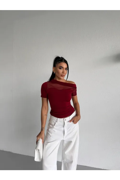 Kadın Bordo Tek Omuz Transparan Tül Detaylı Şık Sandy Bluz HZL26S-FRY123871