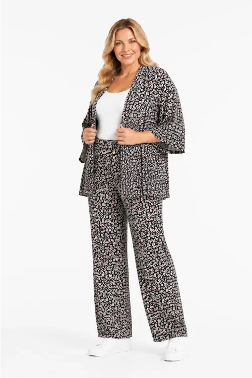 Kadın Büyük Beden Çiçek Desenli Siyah Kimono Takım HZL26S-PR10181