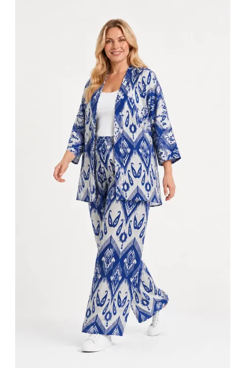 Kadın Büyük Beden Etnik Desenli Mavi Kimono Takım HZL26S-PR10181