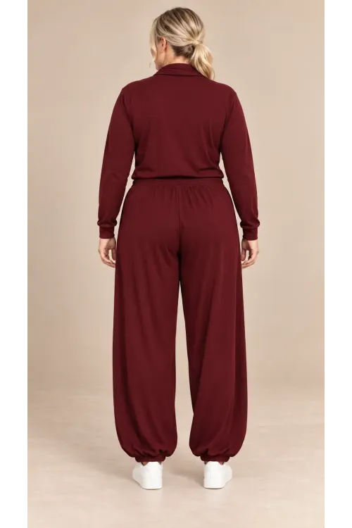 Kadın Büyük Beden Oysho Kumaş Bordo Şallı Bluz Lastikli Pantolon Üçlü Takım HZL26S-ZSS19911