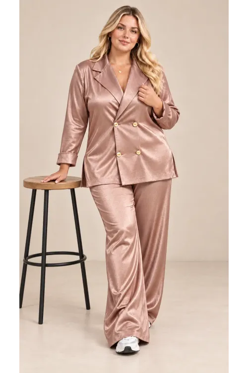 Kadın Büyük Beden RoseGold Saten Kumaş Kruvaze Yaka Gold Düğmeli Lastikli Pantolon Takımı HZL26S-ZSS111461