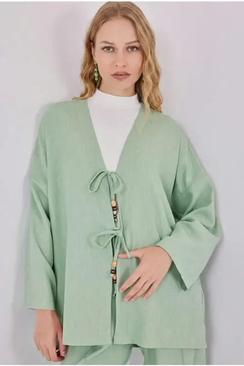 Kadın Çağla Yeşili Keten Bağlama Detaylı Kimono Pantolon İkili Takım HZL26S-BD167271