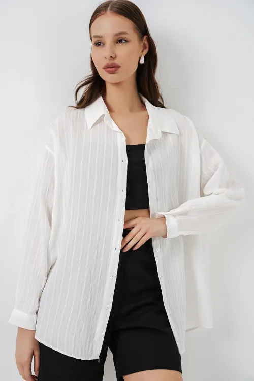 Kadın Çizgili Oversize Gömlek 20293 - Beyaz