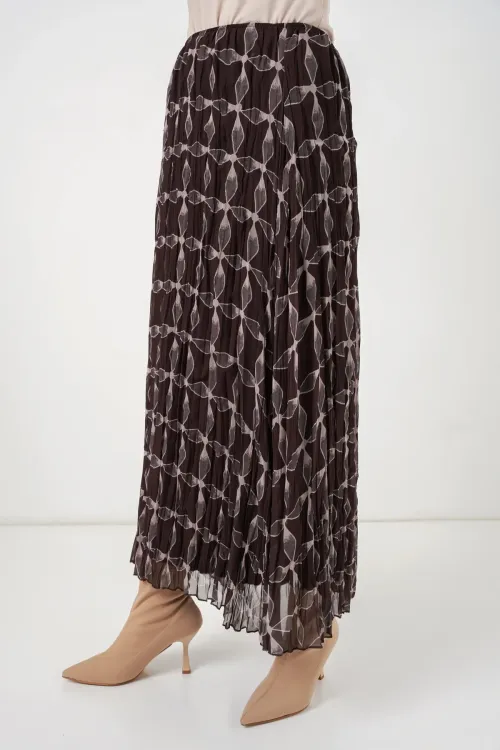 Kadın Desenli Astarlı Şifon Etek 8058 - Kahverengi