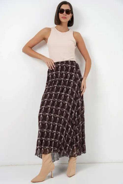 Kadın Desenli Astarlı Şifon Etek 8058 - Kahverengi