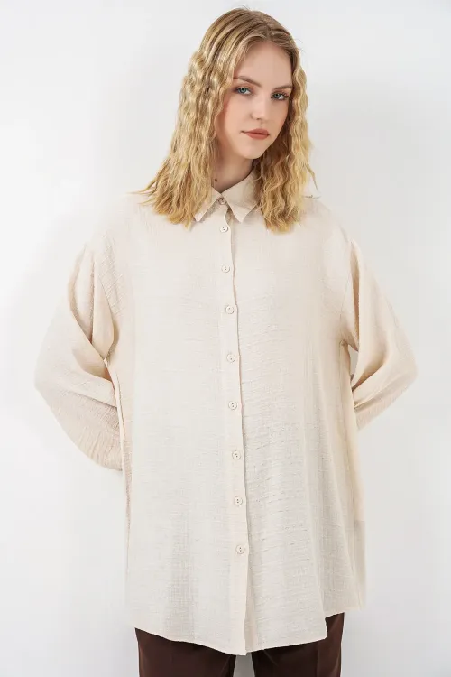 Kadın Dokulu Oversize Tunik 5989 - Krem