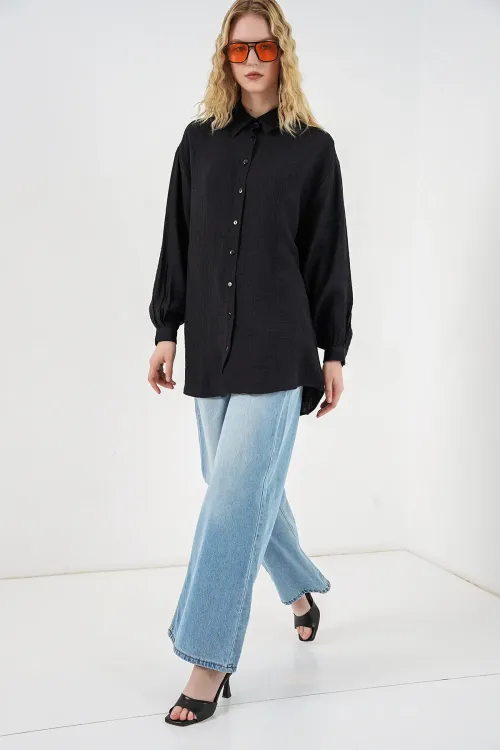 Kadın Dokulu Oversize Tunik 5989 - Siyah