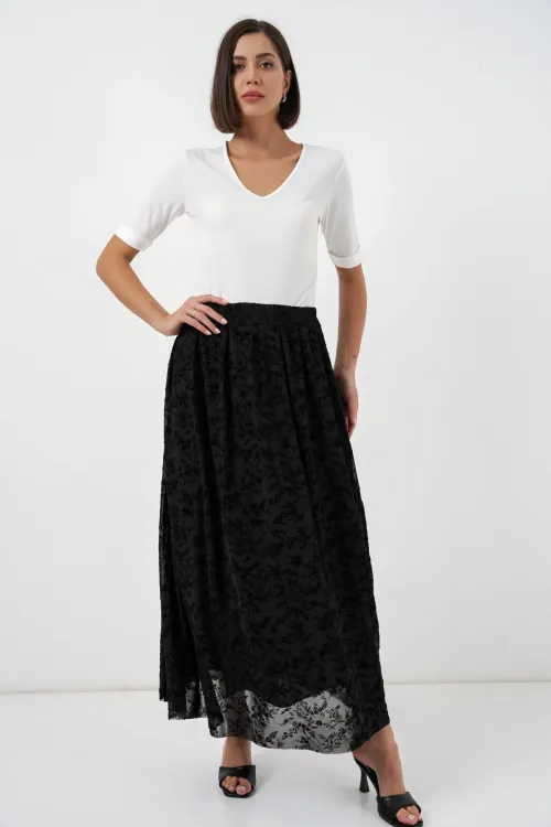 Kadın Flok Baskılı Astarlı Etek 8069 - Siyah