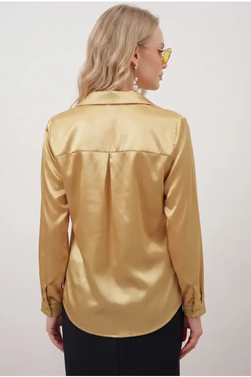 Kadın Gold Hafif Dökümlü Saten Yüzeyli Gömlek HZL22W-BD139641