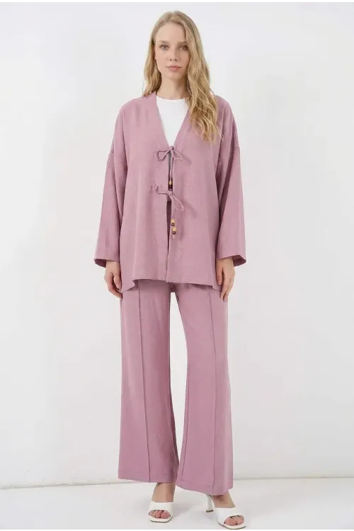 Kadın Gül Kurusu Keten Bağlama Detaylı Kimono Pantolon İkili Takım HZL26S-BD167271