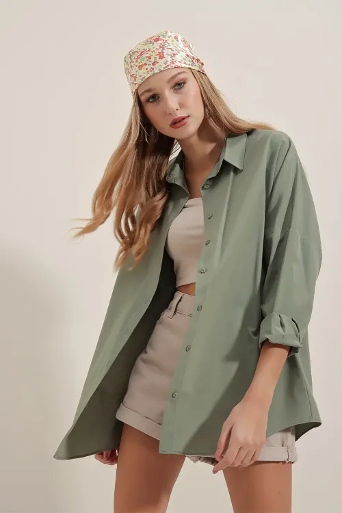 Kadın Haki Oversize Uzun Basic Gömlek 3900