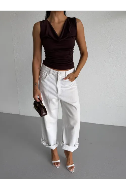 Kadın Kahverengi Degaje Yaka Yanlardan Drapeli Sandy Bluz HZL25S-FRY123131