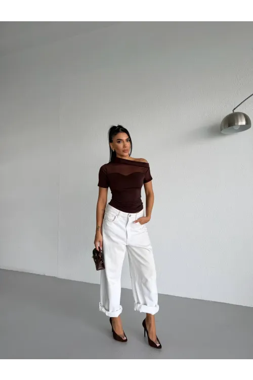 Kadın Kahverengi Tek Omuz Transparan Tül Detaylı Şık Sandy Bluz HZL26S-FRY123871