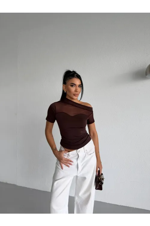 Kadın Kahverengi Tek Omuz Transparan Tül Detaylı Şık Sandy Bluz HZL26S-FRY123871