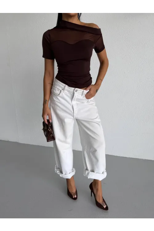 Kadın Kahverengi Tek Omuz Transparan Tül Detaylı Şık Sandy Bluz HZL26S-FRY123871