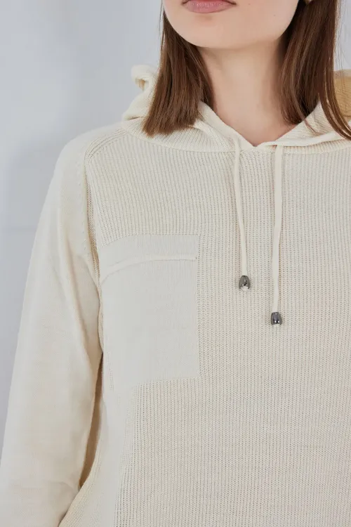 Kadın Kapüşonlu Triko Kazak 15941 - Ekru