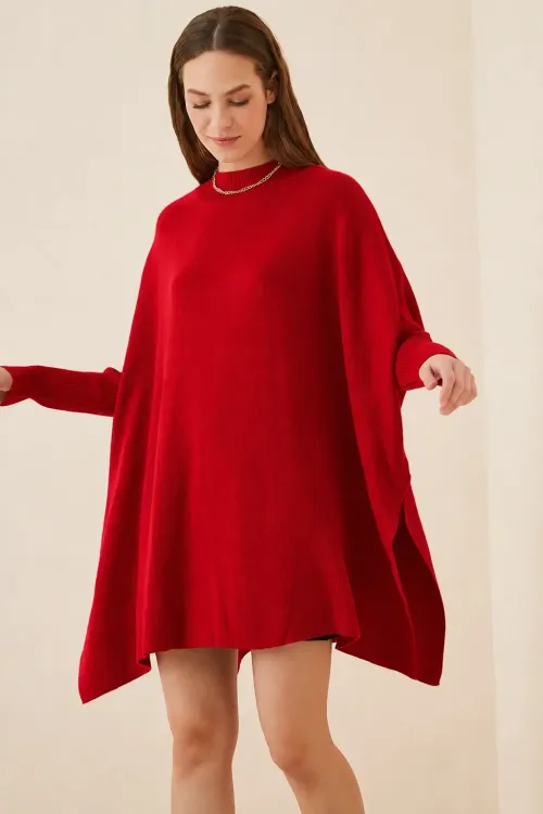 Kadın Kırmızı Oversize Yırtmaçlı Panço Triko Kazak  HZL23W-BD1100761