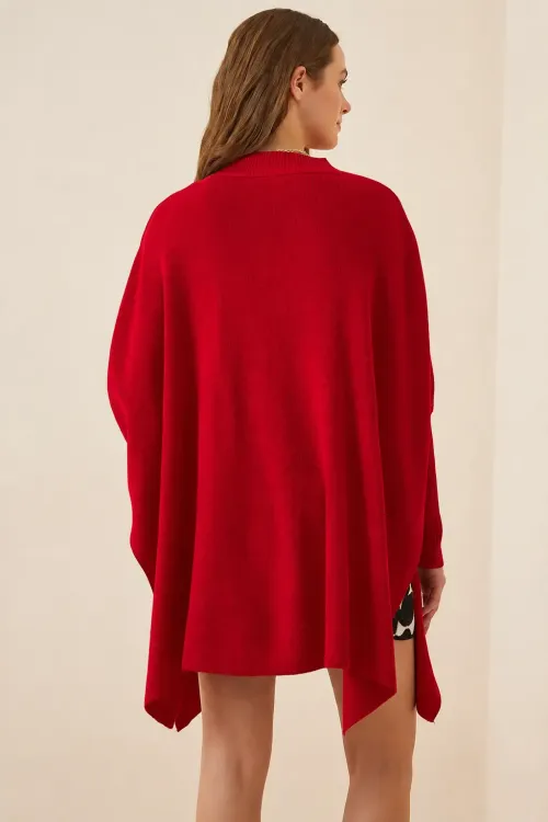 Kadın Kırmızı Oversize Yırtmaçlı Panço Triko Kazak  HZL23W-BD1100761
