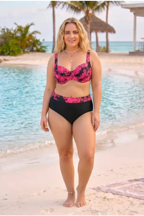 Kadın Kırmızı Siyah Büyük Beden Barok Desenli Yüksel Bel Toparlayıcı Bikini Takımı HZL26S-LC6138-2