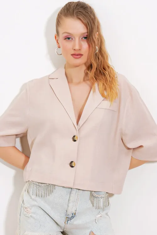 Kadın Krem Çift Düğmeli Oversize Crop Keten Ceket 0706