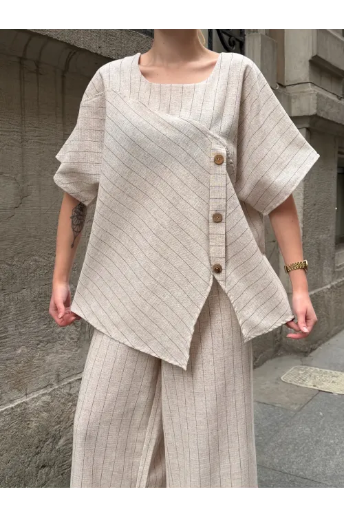 Kadın Krem Çizgili Düğme Detaylı Bluz Pantolon Keten İkili Takım HZL26S-VL14271