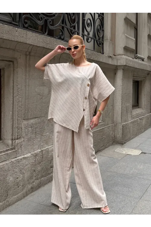 Kadın Krem Çizgili Düğme Detaylı Bluz Pantolon Keten İkili Takım HZL26S-VL14271