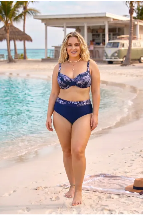 Kadın Lacivert Büyük Beden Barok Desenli Yüksel Bel Toparlayıcı Bikini Takımı HZL26S-LC6138-2
