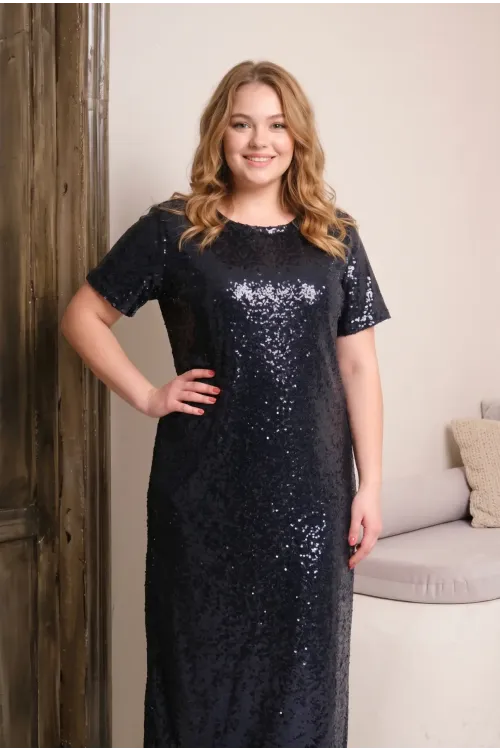 Kadın Lacivert Büyük Beden Payetli Uzun Abiye Elbise Şık Elbise HZL26S-PR11111