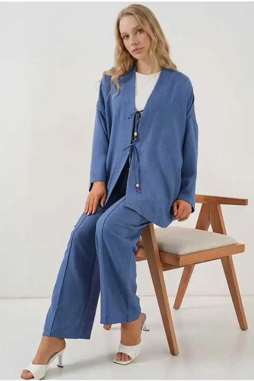 Kadın Lacivert Keten Bağlama Detaylı Kimono Pantolon İkili Takım HZL26S-BD167271