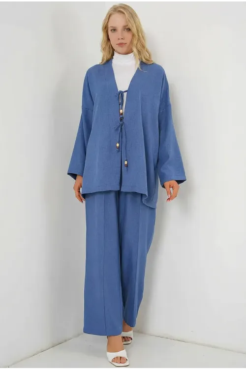 Kadın Lacivert Keten Bağlama Detaylı Kimono Pantolon İkili Takım HZL26S-BD167271