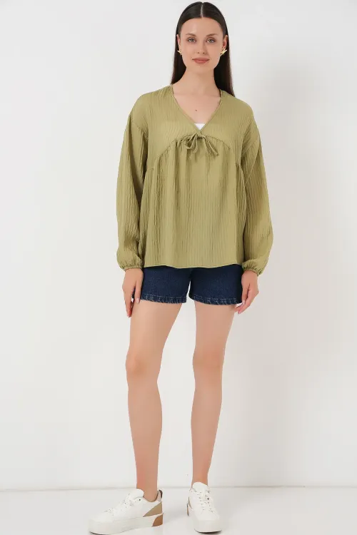 Kadın Önü Bağcıklı Uzun Kol Bluz 946 - Çağla