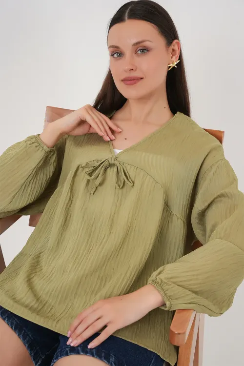 Kadın Önü Bağcıklı Uzun Kol Bluz 946 - Çağla
