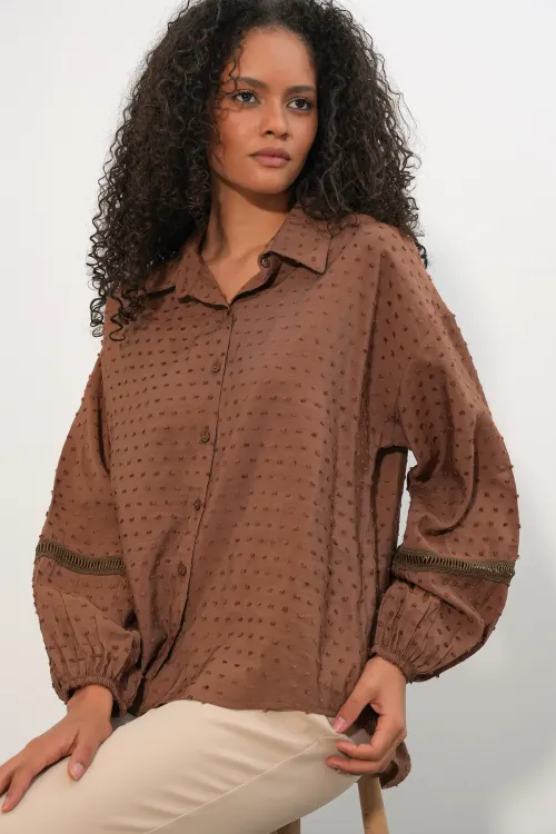 Kadın Oversize Desenli Gömlek 20379 - Taba