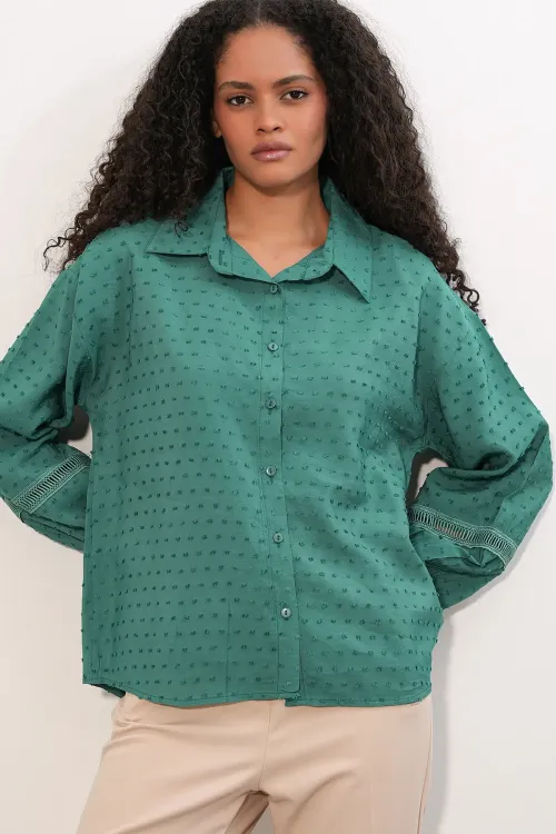 Kadın Oversize Desenli Gömlek 20379 - Zümrüt Yeşili