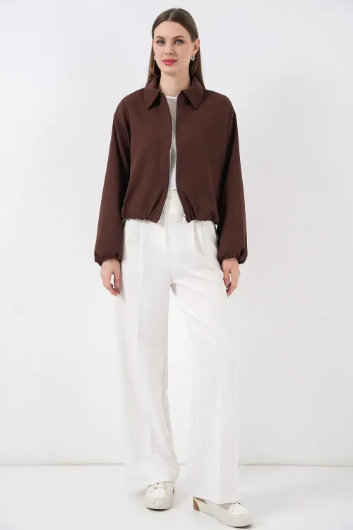 Kadın Oversize Fermuarlı Ceket 0735 - Kahverengi
